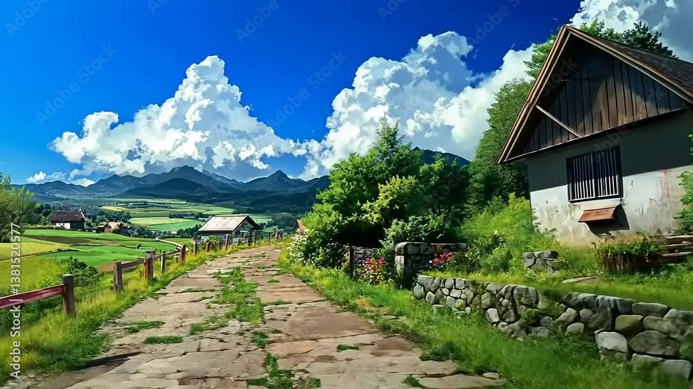 Serene Village Landscape: Picturesque Road Leading to Majestic Mountains Serene Village Landscape: Picturesque Road Leading to Majestic Mountains