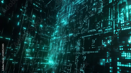 Abstract digital grid background with glowing turquoise lights and circuit board aesthetic design