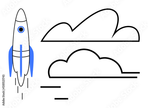 Rocket launching upward with trail lines, flanked by abstract clouds. Ideal for innovation, progress, exploration, growth, startup, vision and creativity. Clean flat simple metaphor