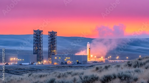 A large rocket prepares to launch with industrial infrastructure visible