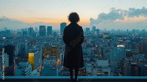 A Person Stands Observing the City Skyline at Dusk