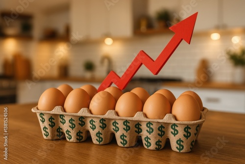 Brown eggs with red arrow in kitchen setting - egg price inflation photo