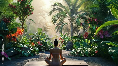 Woman is sitting on a mat in a jungle