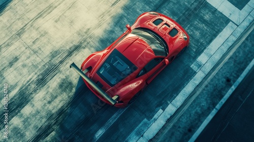 Overhead high angle view of a red modern generic sports racing car driving out from pitlane garage, cinematic lighting. Daytime shot