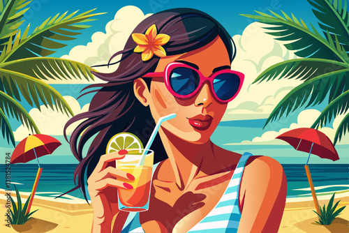 vector of Close up of beautiful brunette in swimsuit and sunglasses drinking cocktail while standing on beach. Summer vacation concept.