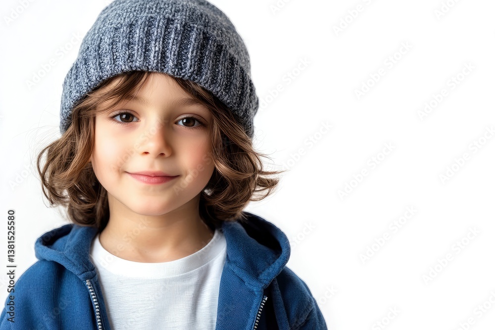 Boy Portrait Smiling Wearing Knitted Hat and Blue Hoodie Against White Boy Portrait Smiling Wearing Knitted Hat and Blue Hoodie Against White