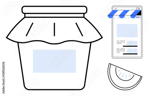 Jam jar with decorative lid alongside a mobile storefront interface and a lemon slice. Ideal for e-commerce, homemade goods, digital marketing, organic products, recipe apps, food branding, flat