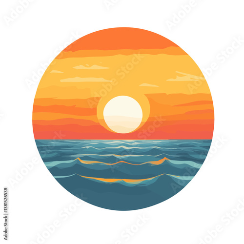 2D flat vector illustration of Vibrant Orange Sunset Over The Ocean, isolated on a white background.