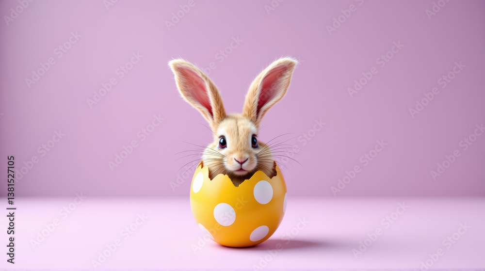 Obraz premium Adorable fluffy brown bunny rabbit emerging from yellow polka dot Easter egg, soft pastel violet background. Charming, springtime, innocence, cuteness, festive, holiday celebration, playful setting. 