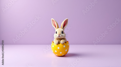 Adorable fluffy brown bunny rabbit emerging from yellow polka dot Easter egg, soft pastel violet  background. Charming, springtime, innocence, cuteness, festive, holiday celebration, playful setting. 
