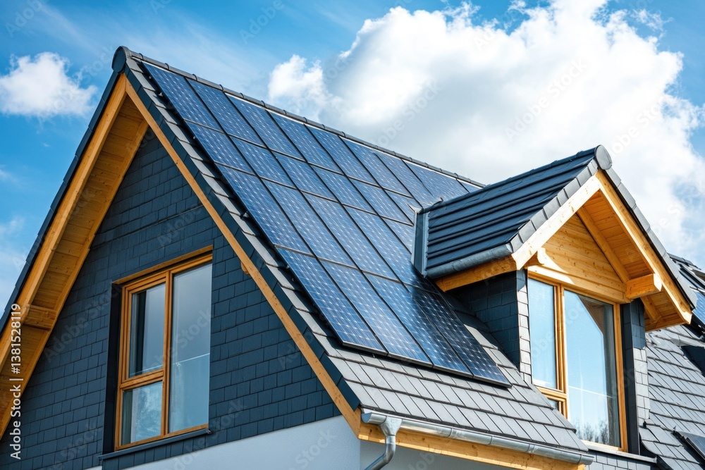 Energy-efficient home with solar panels displayed against a blue sky with clouds Energy-efficient home with solar panels displayed against a blue sky with clouds