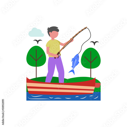 Catching Fish in Rivers Vector Illustration