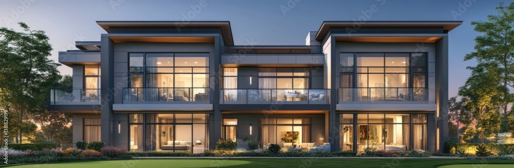 Modern luxury home with large windows and elegant landscaping in the evening Modern luxury home with large windows and elegant landscaping in the evening
