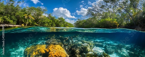 Explore the crystal-clear waters Cenote Azul, Quintana Roo, captured in vibrant underwater photography.