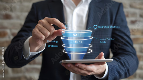 A business professional adjusting an interactive digital sales funnel, analyzing lead generation strategies, retargeting effectiveness, and customer acquisition costs.