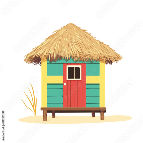 A Colorful Beach Hut With A Thatched Roof 2D flat vector illustration, isolated on a white background.
