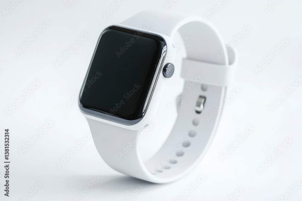 Modern White Smartwatch with Black Screen on Clean Background Angled View Modern White Smartwatch with Black Screen on Clean Background Angled View