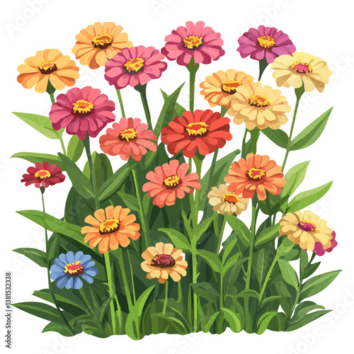 2D flat vector illustration of A Colorful Garden Of Zinnias In Summer, isolated on a white background.
