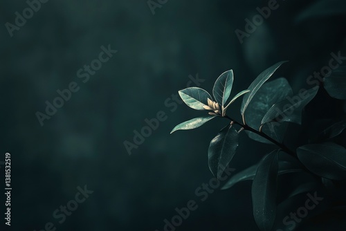 Close-up of a Plant Branch with Green Leaves on Dark Background photo
