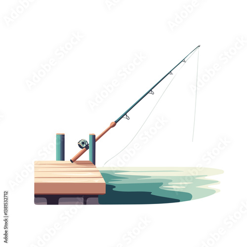 2D flat vector illustration of A Fishing Rod Leaning Against A Pier, isolated on a white background.