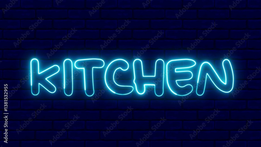 Obraz premium Kitchen neon sign. Kitchen text font with light. Luminous and shimmering haze inside the letters of the text Kitchen. 