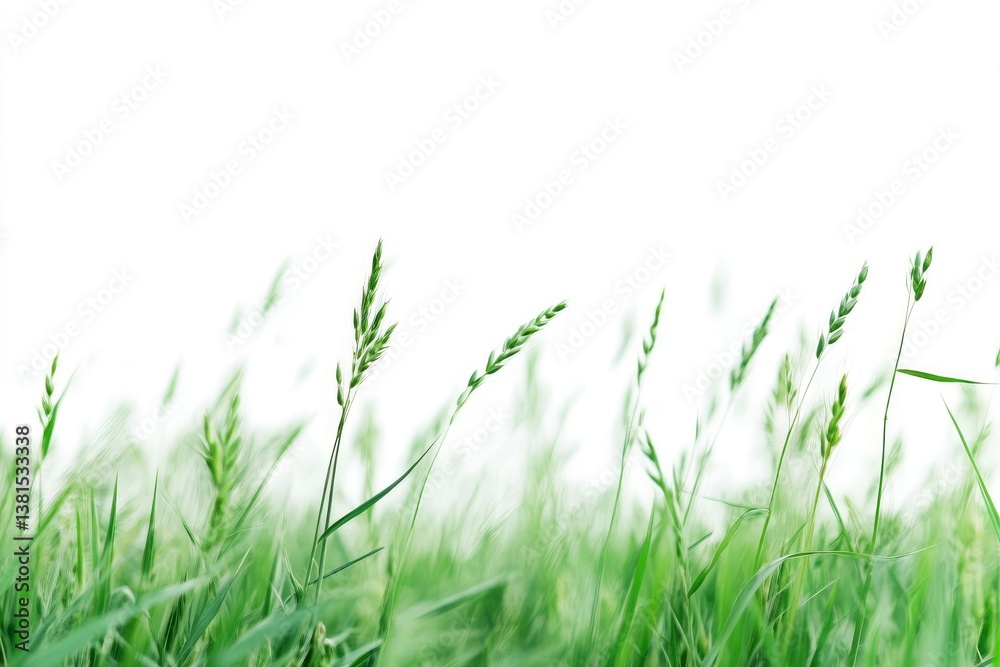 Fototapeta premium Green Grass Blowing in Wind Under a Bright Sky Background