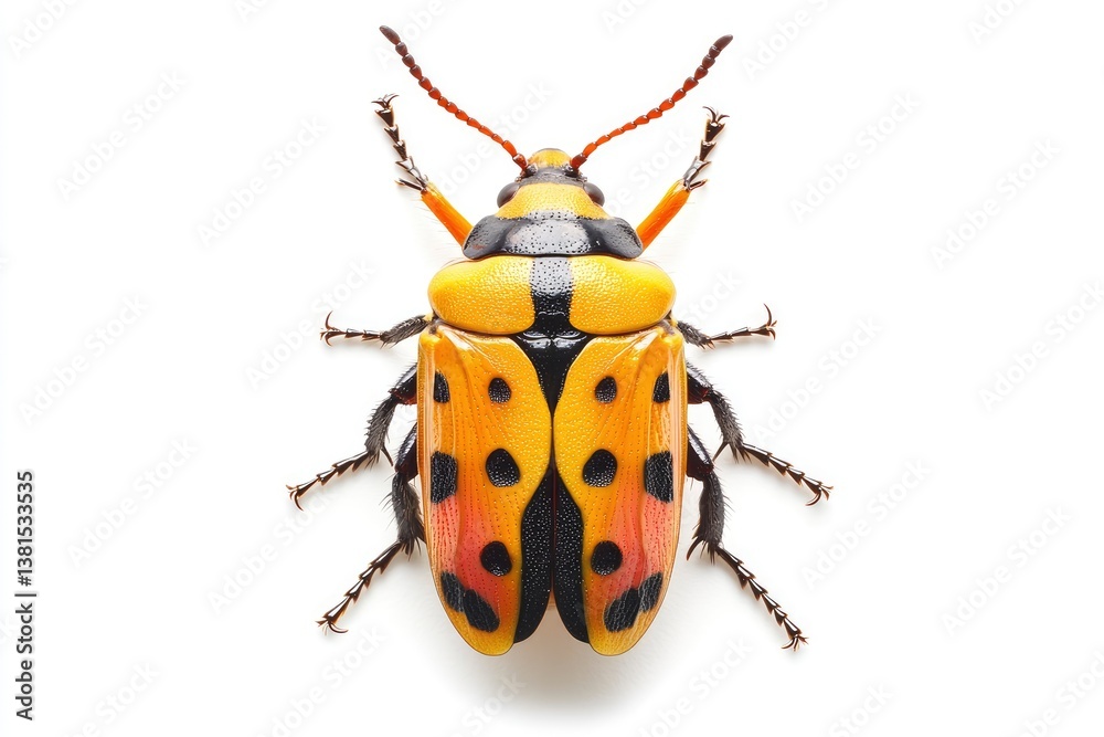 Examining Brightly Colored Spotted Cucumber Beetle on White Background Studio Shot Examining Brightly Colored Spotted Cucumber Beetle on White Background Studio Shot