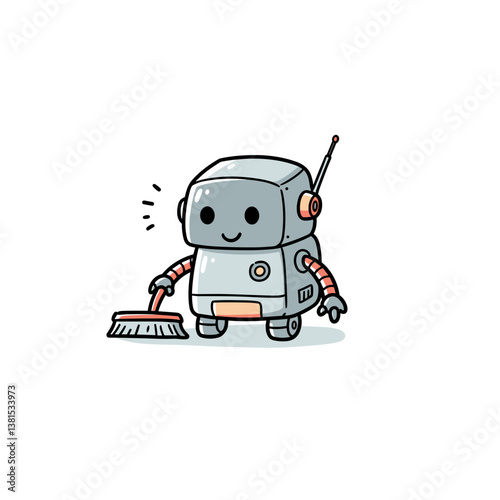 Kawaii Robot Character with a Happy Smile Sweeping with Brush Representing Automation against White Background with copy space