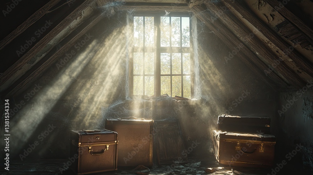 custom made wallpaper toronto digitalDusty attic filled with sunlight streaming through the window, vintage luggage, and cobwebs --