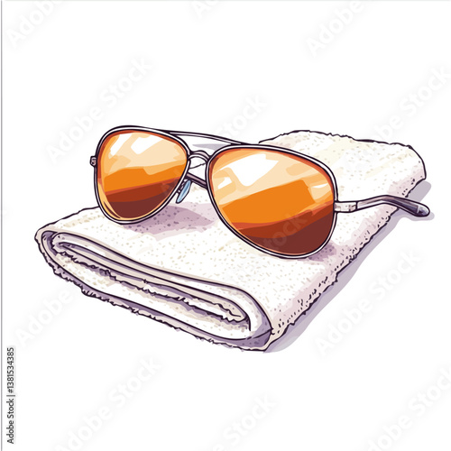 2D flat vector illustration of A Pair Of Aviator Sunglasses On A Towel, isolated on a white background.