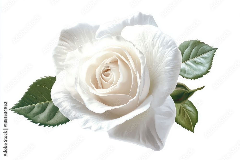 Fototapeta premium Elegant White Rose Blossom with Green Leaves on White Background