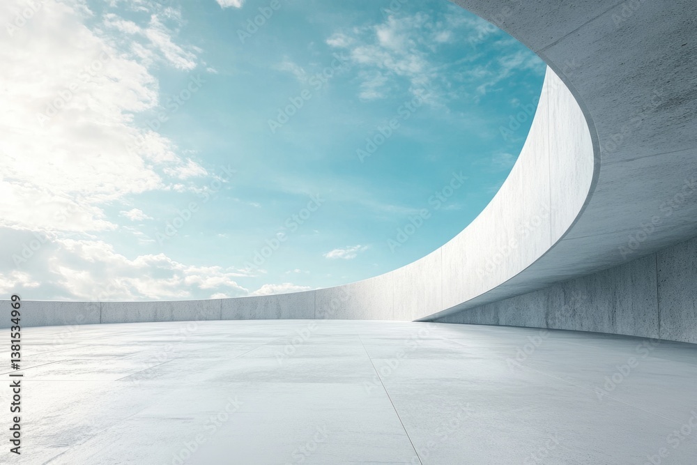 Modern architectural design featuring curved concrete structure with wide open sky view during daytime Modern architectural design featuring curved concrete structure with wide open sky view during daytime