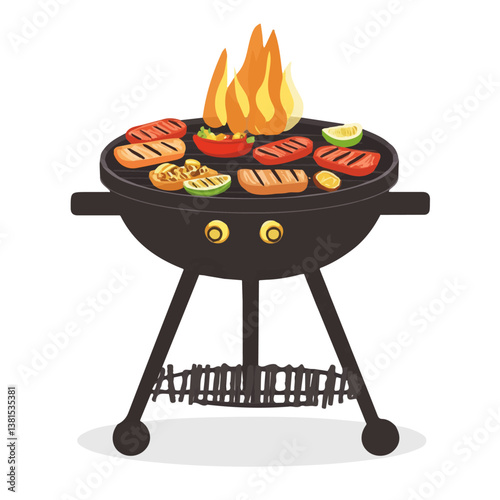A Summer Barbecue Grill Sizzling With Food 2D flat vector illustration, isolated on a white background.