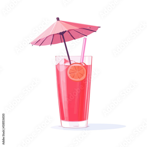A Tropical Drink With A Paper Umbrella 2D flat vector illustration, isolated on a white background.