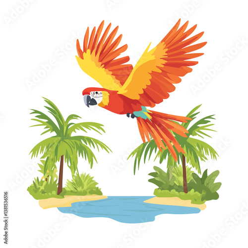 2D flat vector illustration of A Tropical Parrot Flying Over A Lagoon, isolated on a white background.