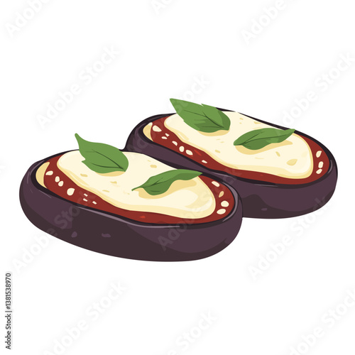 Eggplant Parm 2D flat vector illustration, isolated on a white background.