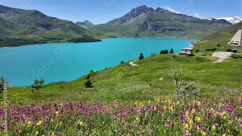 Amazing view of the Mont-Cenis Lake an alpine artificial lake. French Alps. Summer time. Relaxing and green contest. Turquoise water