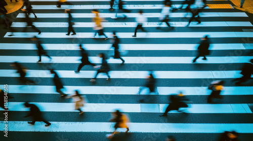 Overhead shot of fast-moving pedestrians crossing an urban zebra crossing, strong geometric lines contrasting fluid human forms, dusk setting with moody lighting
