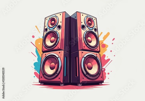 Colorful illustration of vintage speakers with vibrant splashes of color