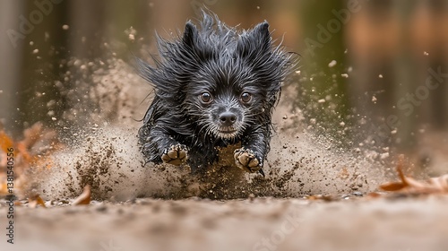 A small black dog leaps through the air with visible energy