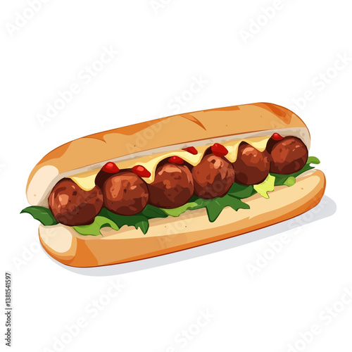 2D flat vector illustration of Meatball Sub, isolated on a white background.