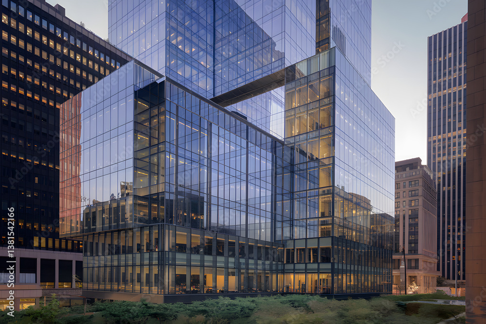 Fototapeta premium Modern office building with glass windows and steel structure, located in an urban business center