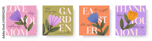Spring holidays cards set:Easter,Mothers Day,spring festival.Trendy designs with bold typography,hand drawn blooming flowers.Seasonal illustrations for decoration;prints;invitations;offers;covers