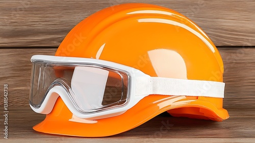 Orange Hard Hat and White Goggles Resting on Wood Surface