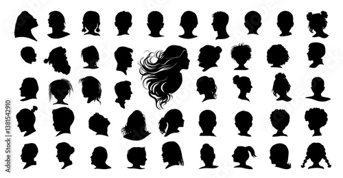 Set of silhouettes of people's heads. hand drawn. Not AI, Vector illustration.