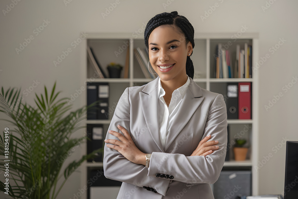 Confident young African-American businesswoman posing in the office, smiling and looking professional in a professional setting Confident young African-American businesswoman posing in the office, smiling and looking professional in a professional setting