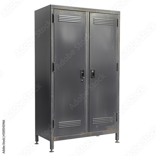 Vintage-style dark metal locker wardrobe with vented double doors, perfect for industrial or retro-inspired interiors.