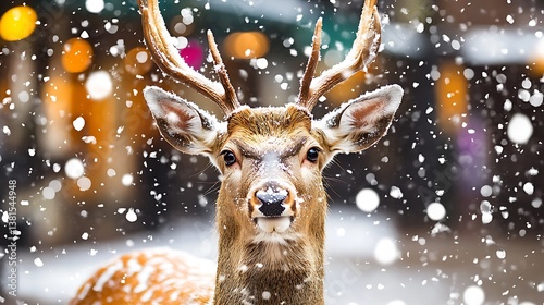 A majestic deer stands in a snowstorm with large antlers