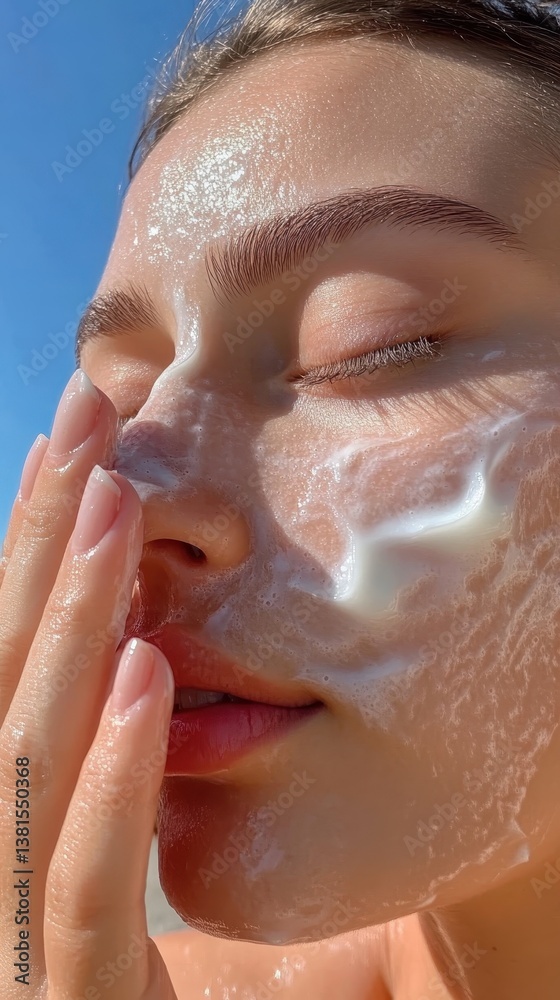 Naklejka premium Young woman performing gentle skincare, applying facial cleanser while basking in sunlight, nurturing healthy skin with dedicated beauty routine