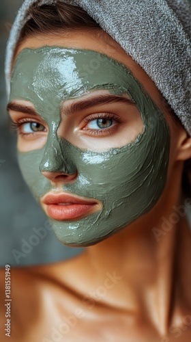 Woman wearing white towel receiving professional facial treatment, spreading green clay mask across skin for deep cleansing and skin rejuvenation